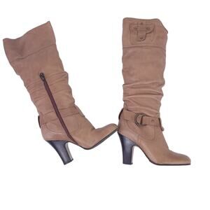 Faith Leather Knee High Boot Slouchy Heeled UK 5/US 7 Brown Side Zip Made Brazil